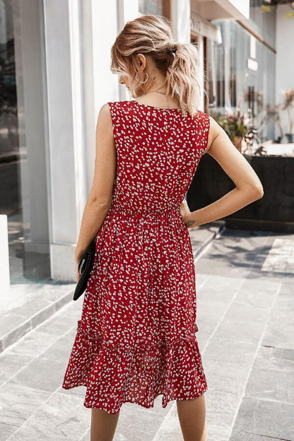 Dunnmall Fashion V-Neck Floral Sleeveless Dress