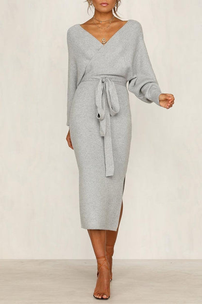 Dunnmall V Neck Backless Sweater Midi Dress(5 Colors)