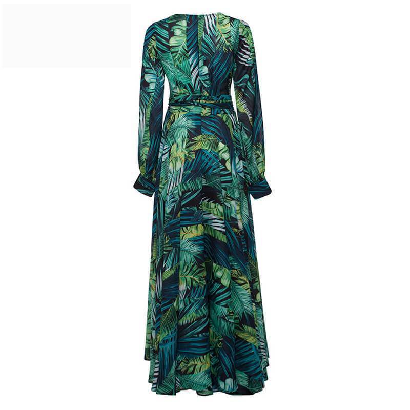 Dunnmall V-Neck Leaf Print Maxi Dress