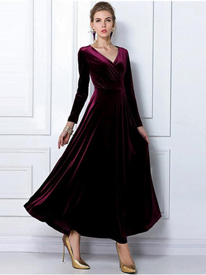 Dunnmall Women's Sheath Dress Maxi long Dress Black Purple Wine Green Royal Blue Long Sleeve Solid Colored V Neck Hot Velvet S M L XL XXL 3XL / Plus Size