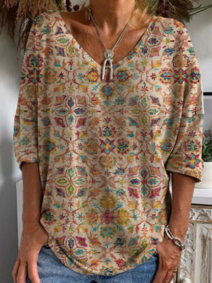 Dunnmall Casual V Neck Tribal Long Sleeve Shirts & Tops