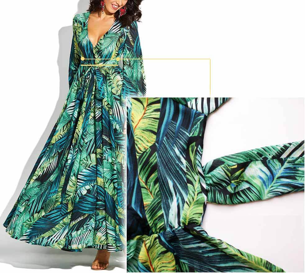 Dunnmall V-Neck Leaf Print Maxi Dress