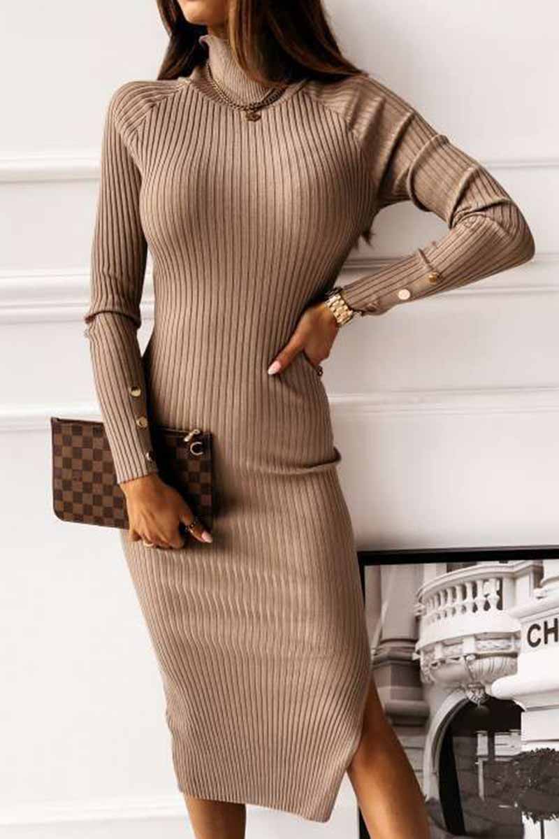 Dunnmall Open Back Long Sleeve Solid Color Midi Dresses