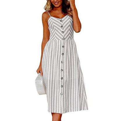 Dunnmall Casual Vintage Sundress Boho Sexy Midi Button Backless Striped Floral Beach Dress