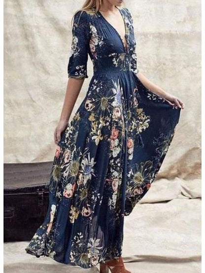 Dunnmall Women's Swing Dress Maxi Long Dress Blue Green Half Sleeve Floral Ruffle Print Summer V Neck Hot Casual Boho 2021 S M L XL XXL 3XL 4XL