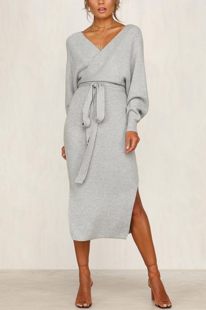 Dunnmall V Neck Backless Sweater Midi Dress(5 Colors)