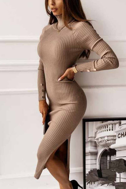 Dunnmall Open Back Long Sleeve Solid Color Midi Dresses