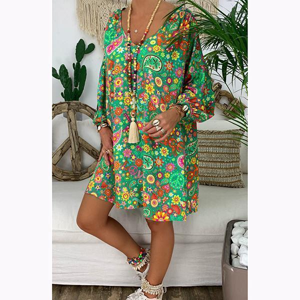 Dunnmall Short Sleeve Printed V Neck Loose Dress