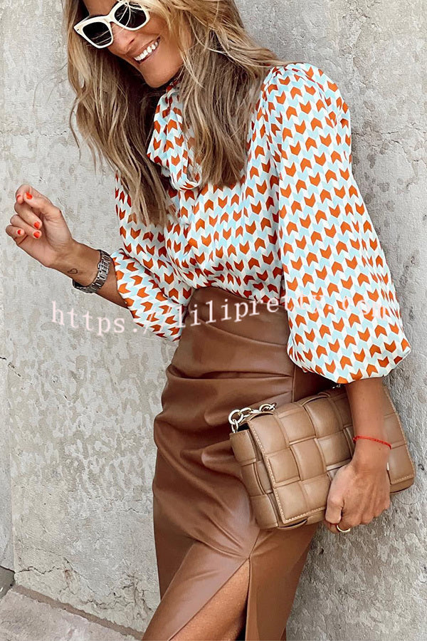 Dunnmall Ivanna Geometric Print Tie Puff Sleeve Blouse