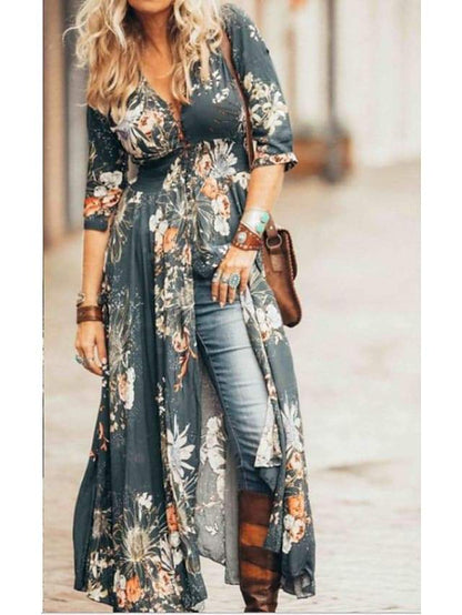 Dunnmall Women's Swing Dress Maxi Long Dress Blue Green Half Sleeve Floral Ruffle Print Summer V Neck Hot Casual Boho 2021 S M L XL XXL 3XL 4XL