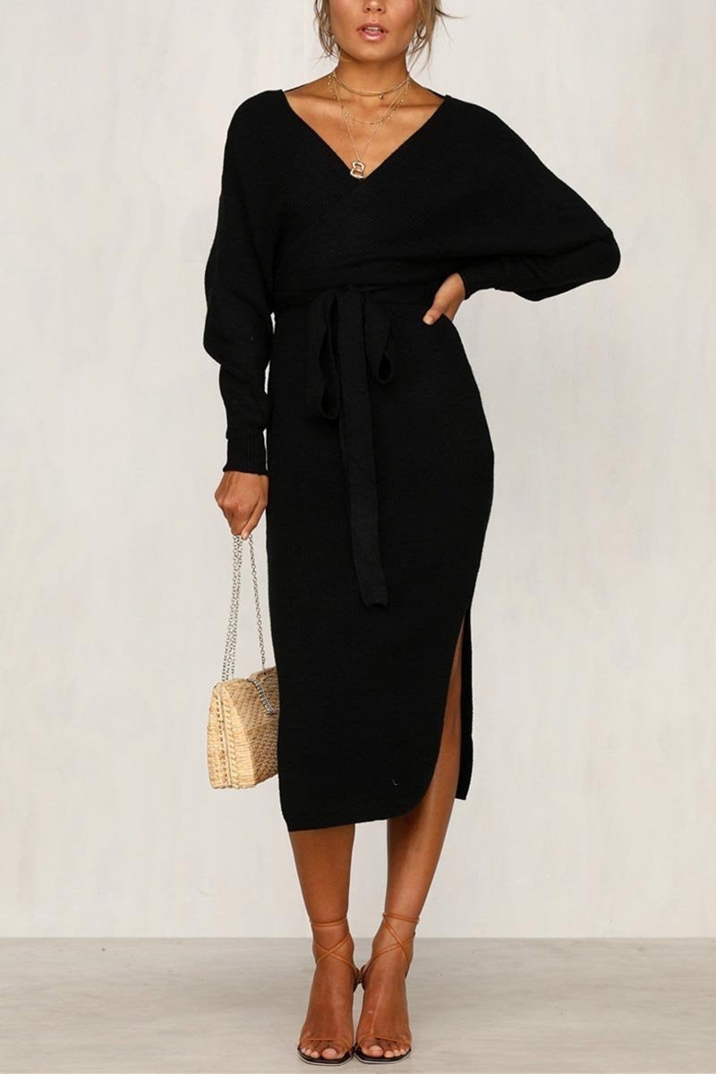 Dunnmall V Neck Backless Sweater Midi Dress(5 Colors)