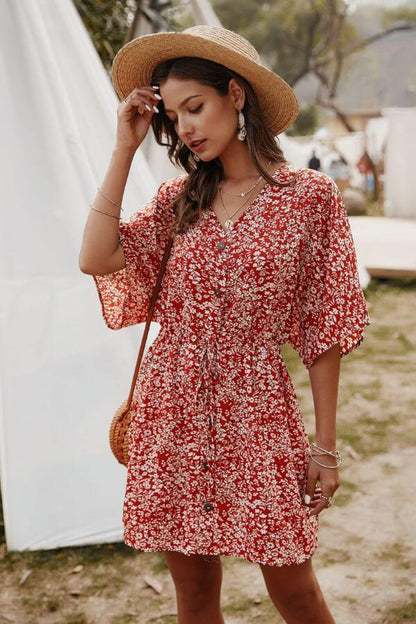 Dunnmall Temperament V-Neck Floral Dress