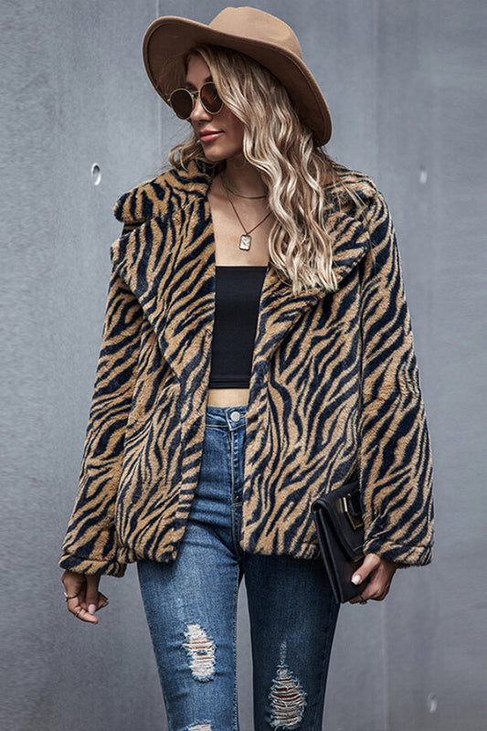 Dunnmall Fashion Tiger Stripe Pattern Lapel Coat