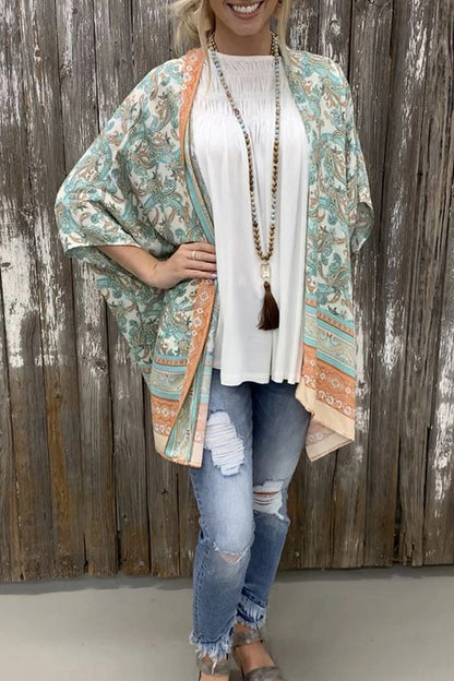 Dunnmall Colorblock Pattern Printed Kimono