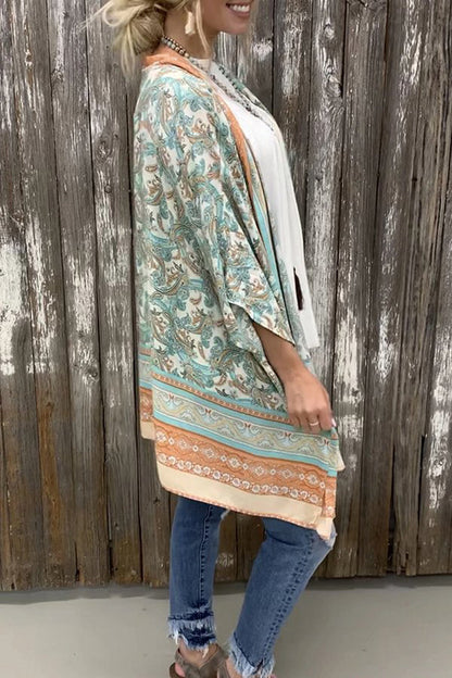 Dunnmall Colorblock Pattern Printed Kimono