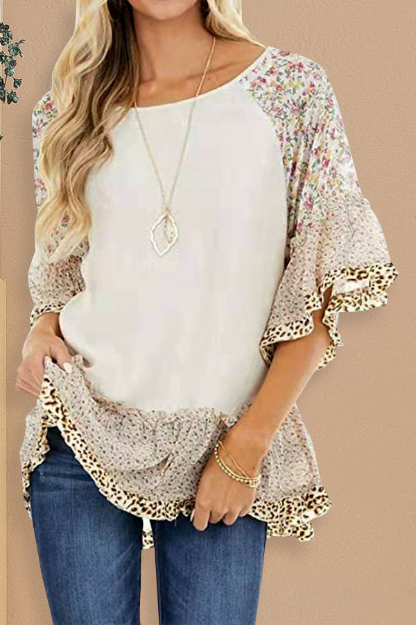 Dunnmall Leopard Floral Colorblock Mid Sleeve T-Shirt