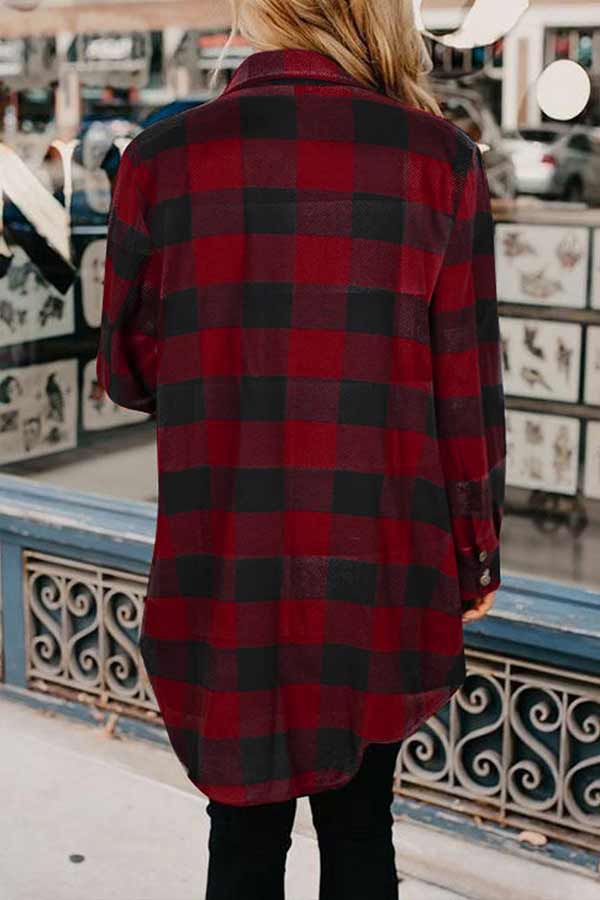 Dunnmall Casual Mid Length Plaid Print Coat