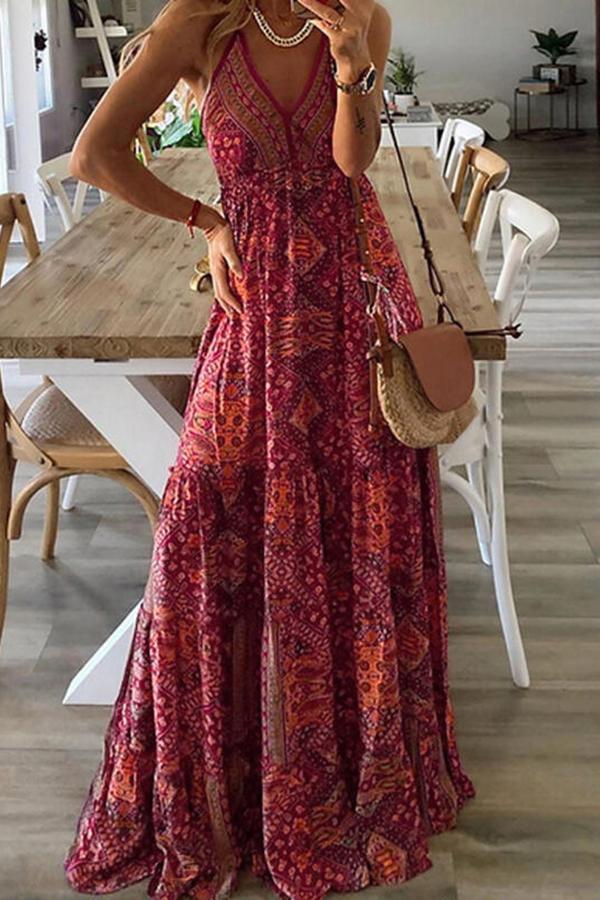 Dunnmall Bohemian Printed Sling Long Dress