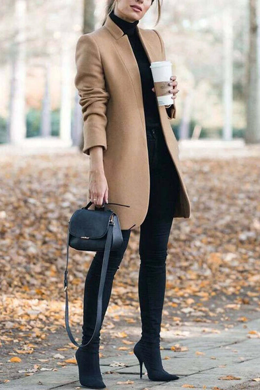 Dunnmall Elegant Fall Outfits Fashion Solid Color Stand-up Collar Coat