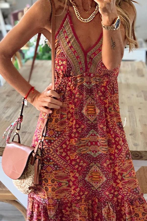 Dunnmall Bohemian Printed Sling Long Dress