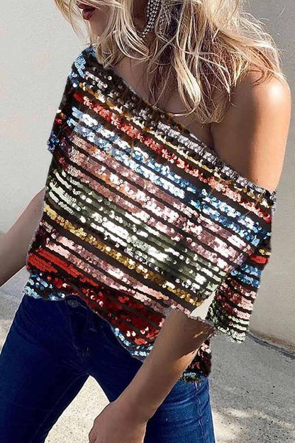 Dunnmall Short Sleeve Off Shoulder Sequin Top