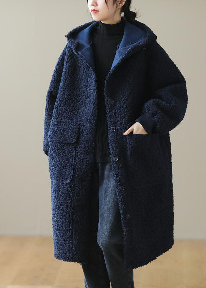 Dunnmall Women Blue Hooded Button Faux Fur Winter Coat