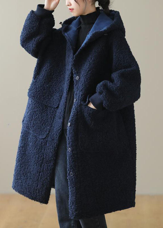 Dunnmall Women Blue Hooded Button Faux Fur Winter Coat