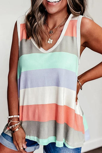 Dunnmall Rainbow Stripe Contrast Sleeveless Top