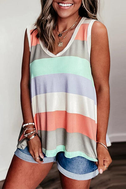 Dunnmall Rainbow Stripe Contrast Sleeveless Top