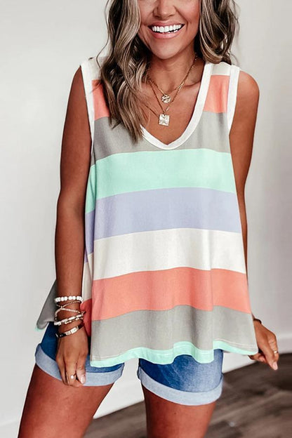 Dunnmall Rainbow Stripe Contrast Sleeveless Top