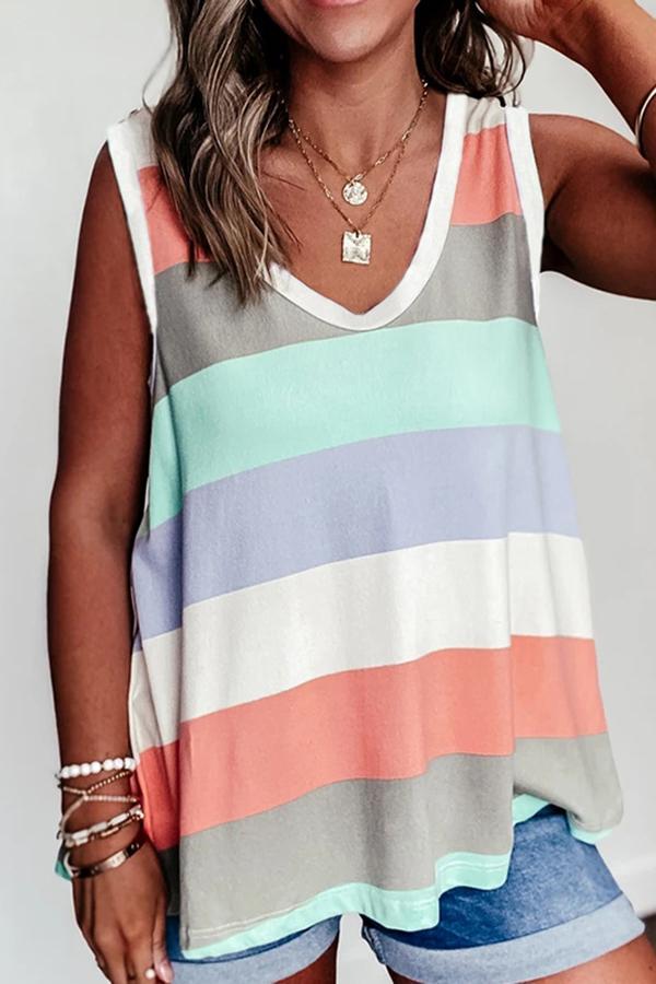 Dunnmall Rainbow Stripe Contrast Sleeveless Top