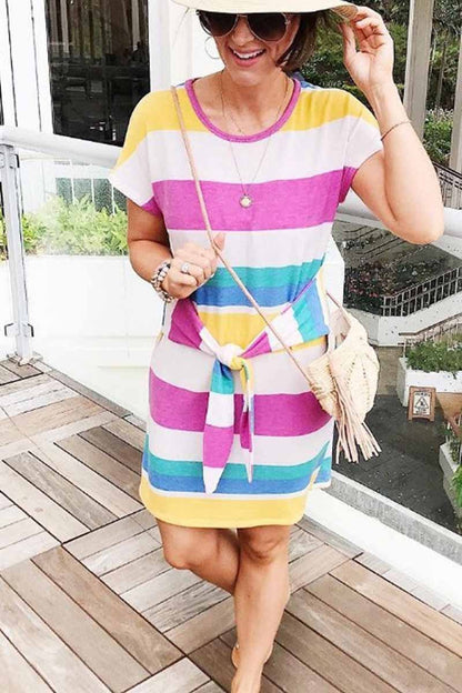 Dunnmall Rainbow Striped Knot Design Mini Dress