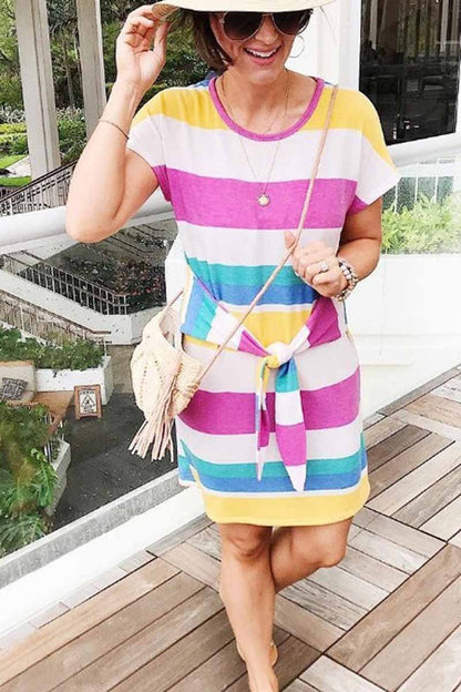 Dunnmall Rainbow Striped Knot Design Mini Dress