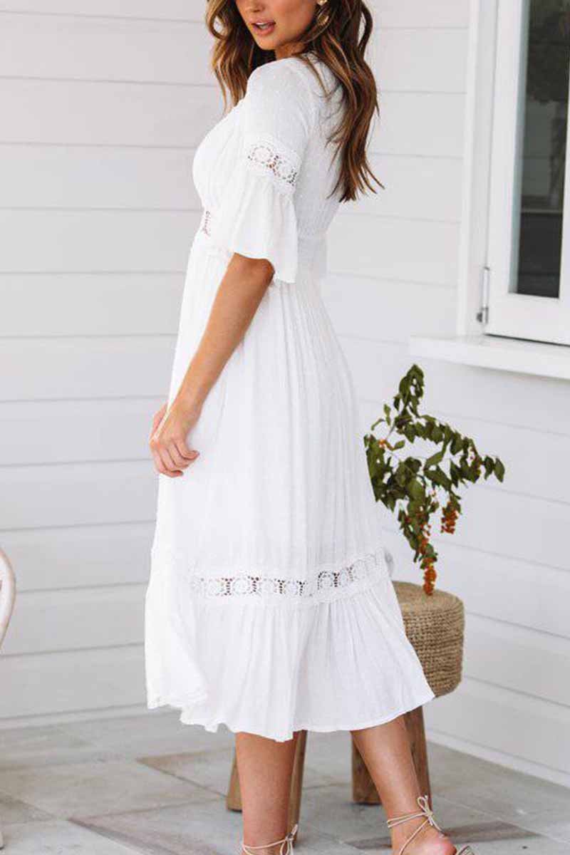 Dunnmall White Lace Midi Dresses