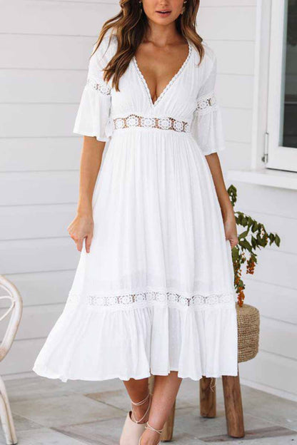 Dunnmall White Lace Midi Dresses