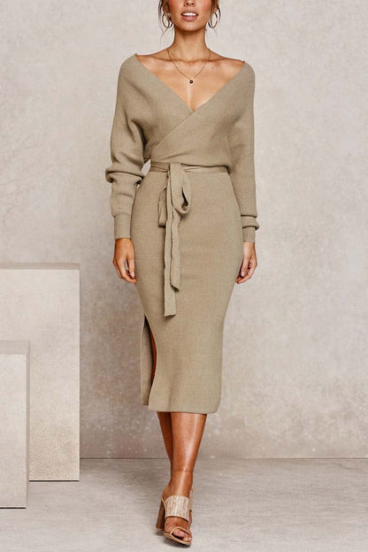 Dunnmall V Neck Backless Sweater Midi Dress(5 Colors)