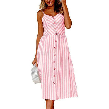 Dunnmall Casual Vintage Sundress Boho Sexy Midi Button Backless Striped Floral Beach Dress