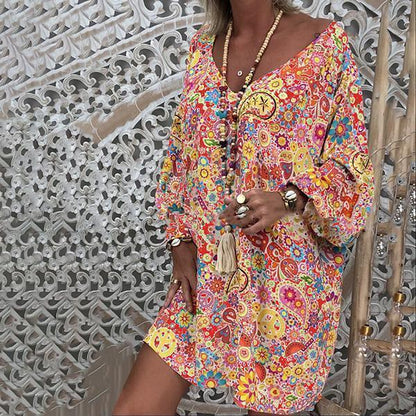 Dunnmall Short Sleeve Printed V Neck Loose Dress