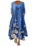 Dunnmall Boho Maxi Dresses for Women Casual Summer Long Sleeve Button Floral Print Loose Bohemian Long Dresses Blue