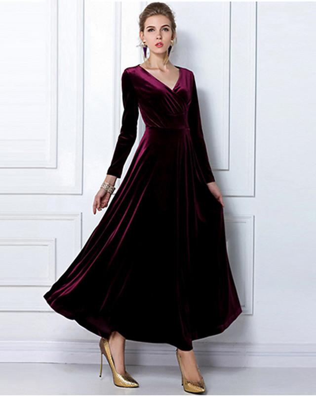 Dunnmall Women's Sheath Dress Maxi long Dress Black Purple Wine Green Royal Blue Long Sleeve Solid Colored V Neck Hot Velvet S M L XL XXL 3XL / Plus Size