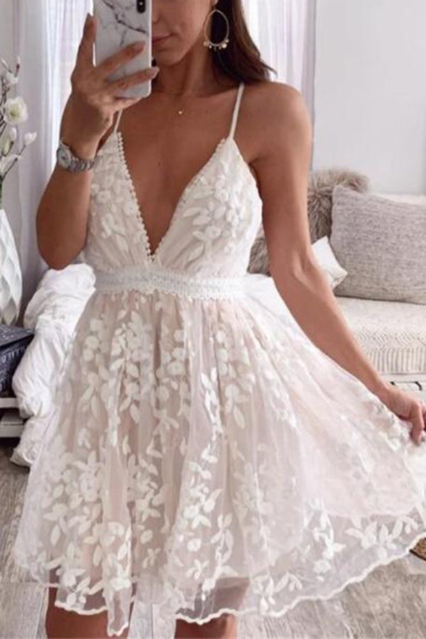 Dunnmall V-Neck Lace Embroidered White Dress