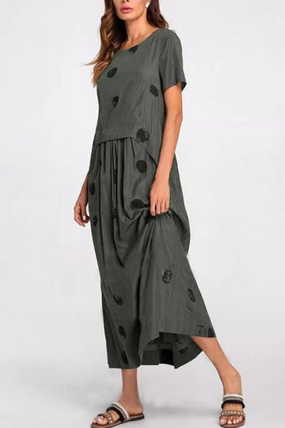 Dunnmall Polka Dots Print Paneled Pleated Casual Midi Dress