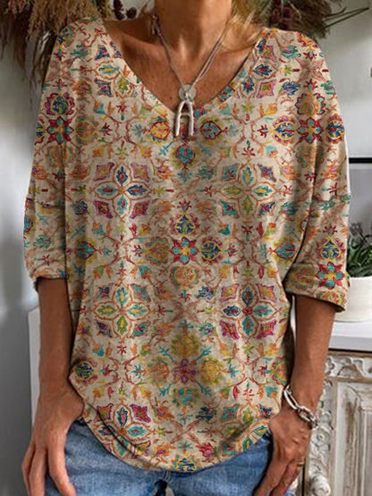 Dunnmall Casual V Neck Tribal Long Sleeve Shirts & Tops