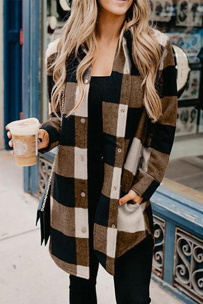 Dunnmall Casual Mid Length Plaid Print Coat