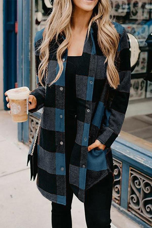 Dunnmall Casual Mid Length Plaid Print Coat