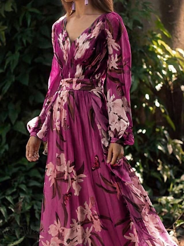 Dunnmall Women's Chiffon Dress Maxi long Dress Purple Long Sleeve Floral Color Block Summer V Neck Holiday Boho 2021 S M L XL XXL 3XL