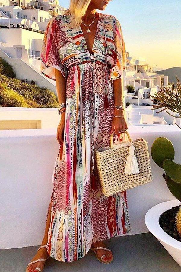 Dunnmall Bohemian Print Plunging Neck Maxi Slit Dress