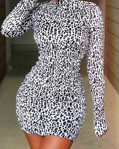 Dunnmall Leopard Print Scrunched Mini Dress