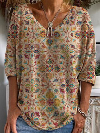 Dunnmall Casual V Neck Tribal Long Sleeve Shirts & Tops