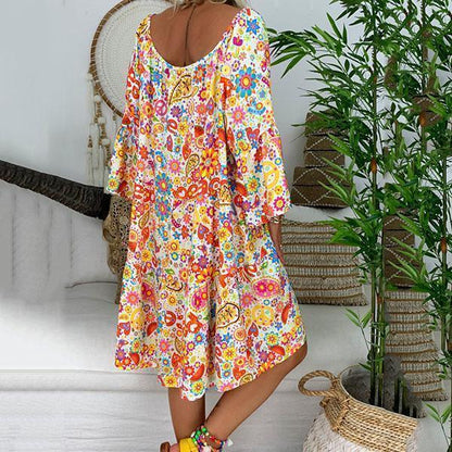 Dunnmall Short Sleeve Printed V Neck Loose Dress